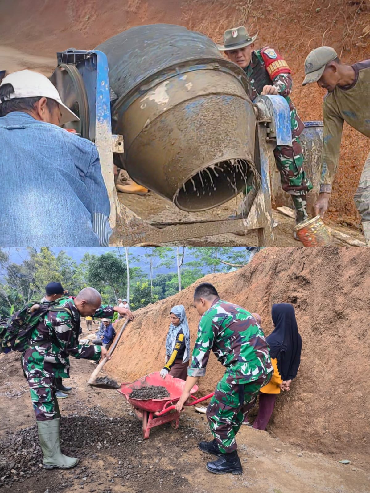 Anggota Koramil 1503/Ciniru bersama warga Desa Pinara bergotong royong melakukan perbaikan jalan yang rusak akibat longsor di Kecamatan Ciniru, Kabupaten Kuningan, Rabu (4/2/2026).