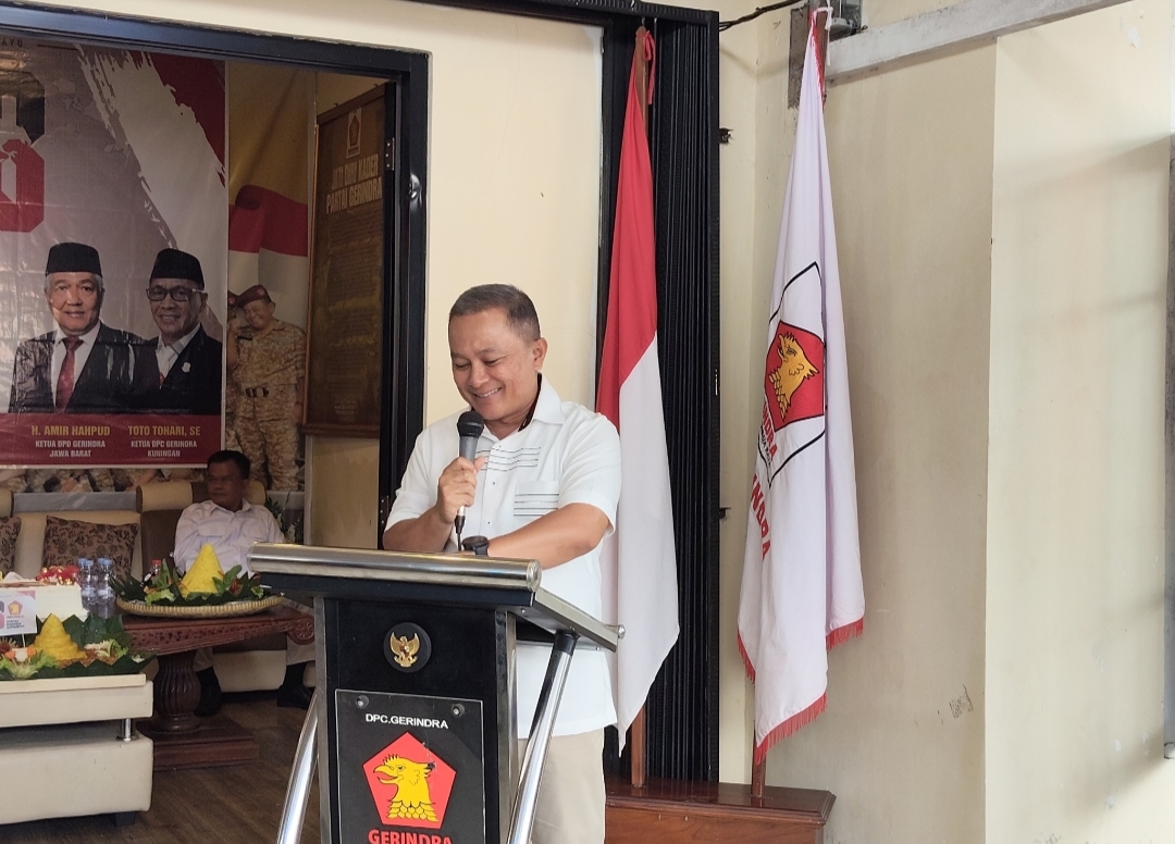Sambutan bupati dian rachmat yanuar di HUT KE 18 Partai gerindra (foto.dok.ist/ubai).